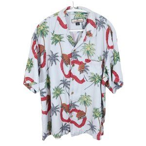 TOMMY BAHAMA Size L 100% Silk Hawaiian Shirt Beach Hut Palm Tree Gray Green Red